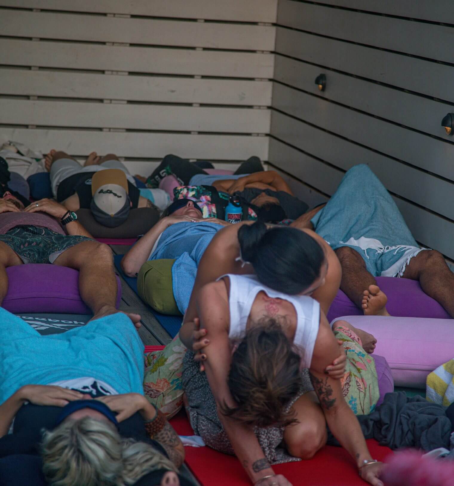 Participants in reflective inner work during a breathwork journey